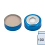 N 20 bimetal crimp cap, blue/silver, center hole Silicone white/PTFE beige Hardness: 45° shore A Thickness: 3 mm pack of 100