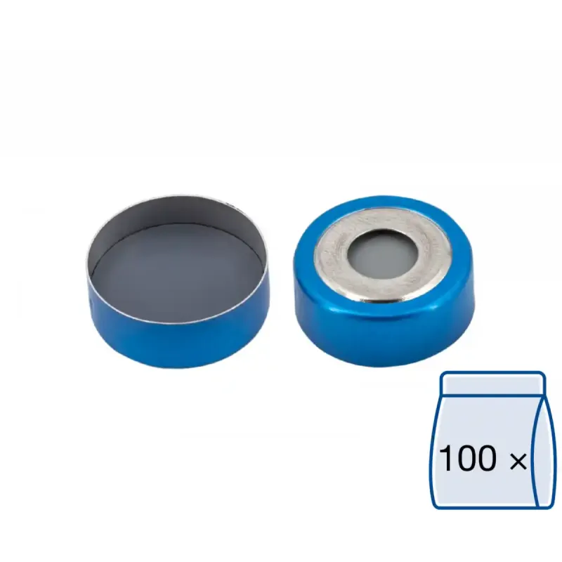 N 20 bimetal crimp cap, blue/silver, center hole Butyl light gray/PTFE dark gray Hardness: 50° shore A Thickness: 3 mm pack of 100