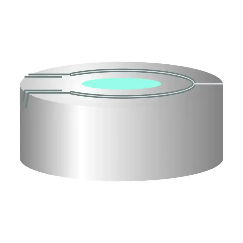 N 20 Aluminium pressure release safety cap, silver, center hole Silicone blue transparent/PTFE colorless Hardness: 45° shore A Thickness: 3 mm pack of 100