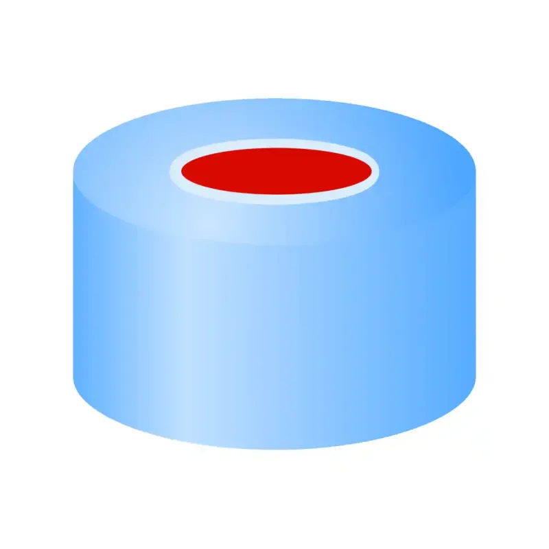 N 11 Aluminium crimp cap, blue, center hole PTFE red/Silicone white/PTFE red Hardness: 50° shore A Thickness: 1.0 mm pack of 100