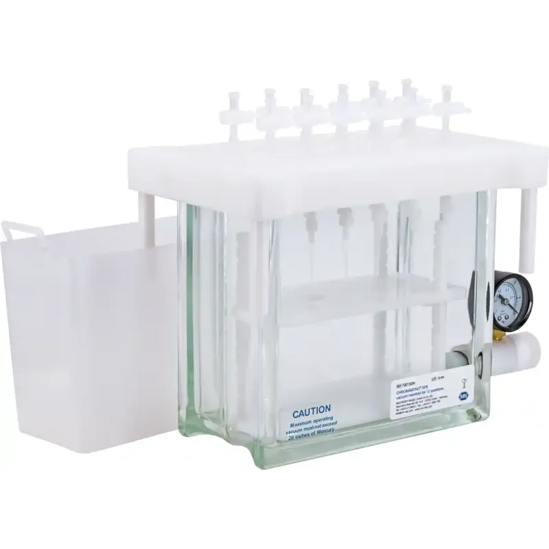 CHROMABOND SPE vacuum manifold, 12 positions, glass cabinet with lid, luer fittings, feet, lid gasket, exchangeable PP-needles, vacuum gauge, control valve, Luer valves and caps, PP tank, variable rack with 6 plates