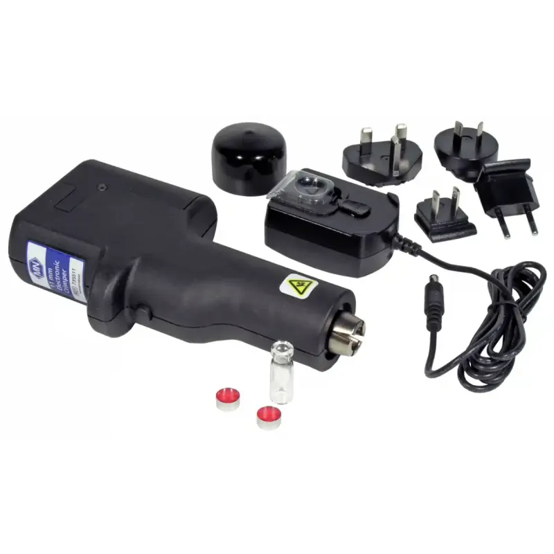 Electronic crimper (version 1802/6A) for 11 mm Aluminium Caps 6.6 Volt, with charging supply and plug set pack of 1