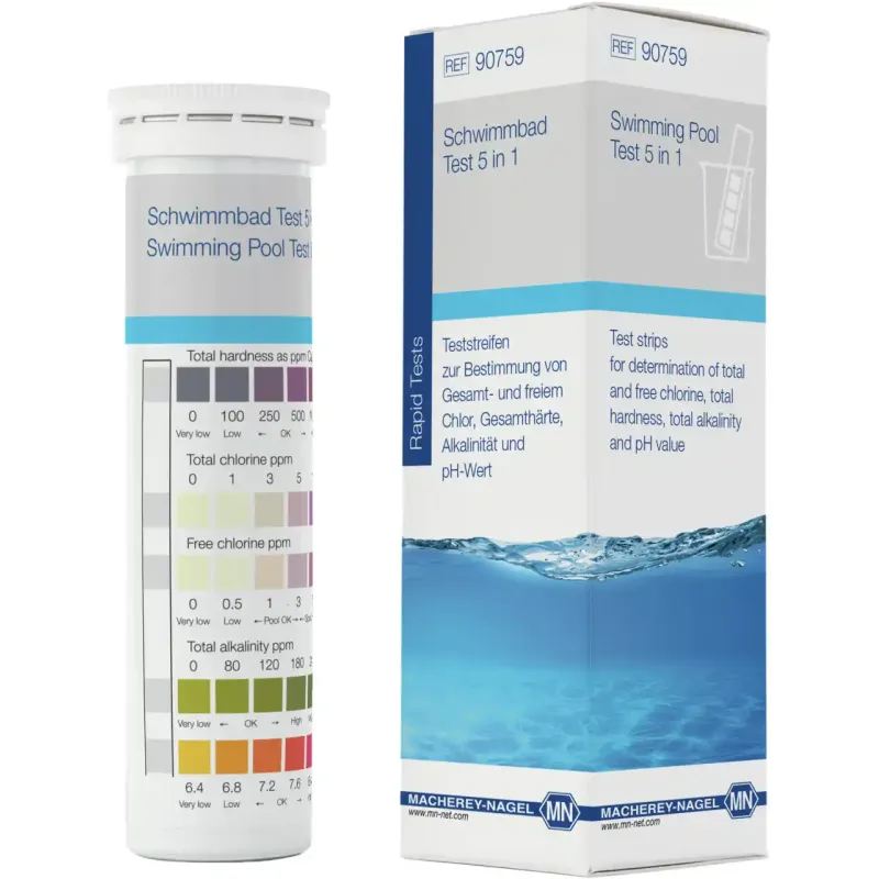 Swimming Pool Test 5 in 1 Teststrips for determination of Free Chlorine, Total Chlorine, Water hardness, Alkalinity and pH pack of 50 strips