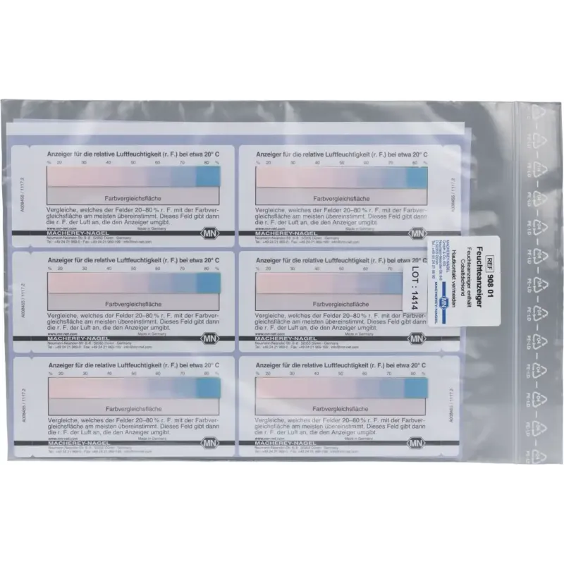 Moisture indicator papers, gradation: 20 - 80 % r. h., self-adhesive labels of 50 x 100 mm pack of 12 Test papers contain cobalt dichloride <(><<)> 2.5% Co (REACh-SVHC)