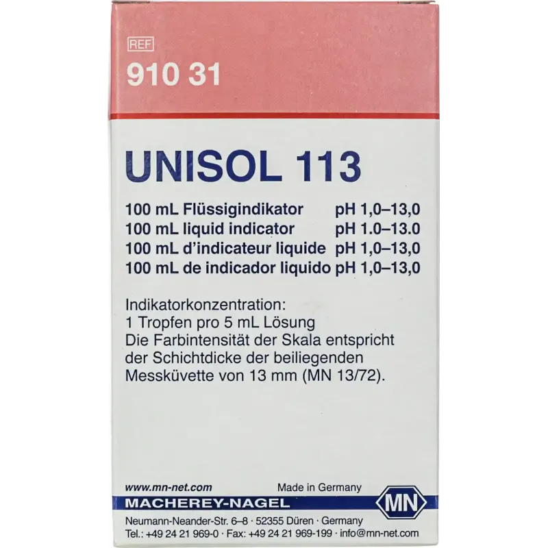 UNISOL 113, indicator solution pH 1-13 box of 100 mL incl. colour scale and measuring cell