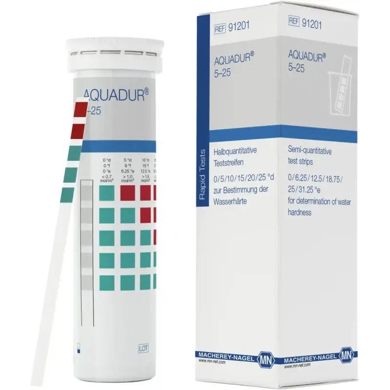 AQUADUR test sticks gradation: <(><<)>3 >5 >10 >15 >20 >25 °d = <(><<)>54 >90 >180 >270 >360 >450 ppm CaCO3 box of 100 sticks 6 x 95 mm