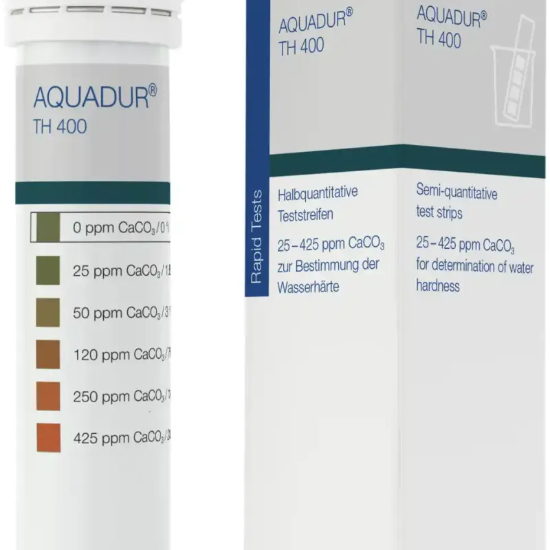 AQUADUR test strips Gradation: 0 / 25 / 50 / 120 / 250 / 425 ppm With only one test field Pack of 50 test strips