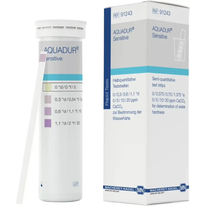 AQUADUR Sensitive test sticks gradation: 0-0.3-0.6-1.1 °d / 0-5-10-20 ppm CaCO3 box of 50 sticks 6 x 95 mm