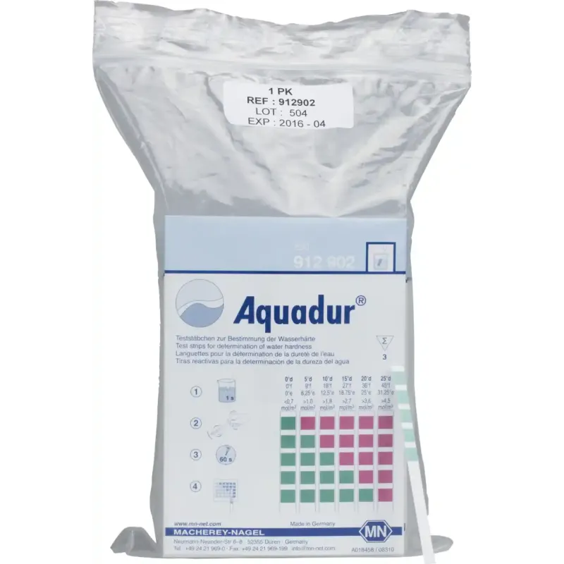 AQUADUR test sticks gradation: <(><<)>3 >5 >10 >15 >20 >25 °dH set of 3 single sealed test sticks pack of 50 sets
