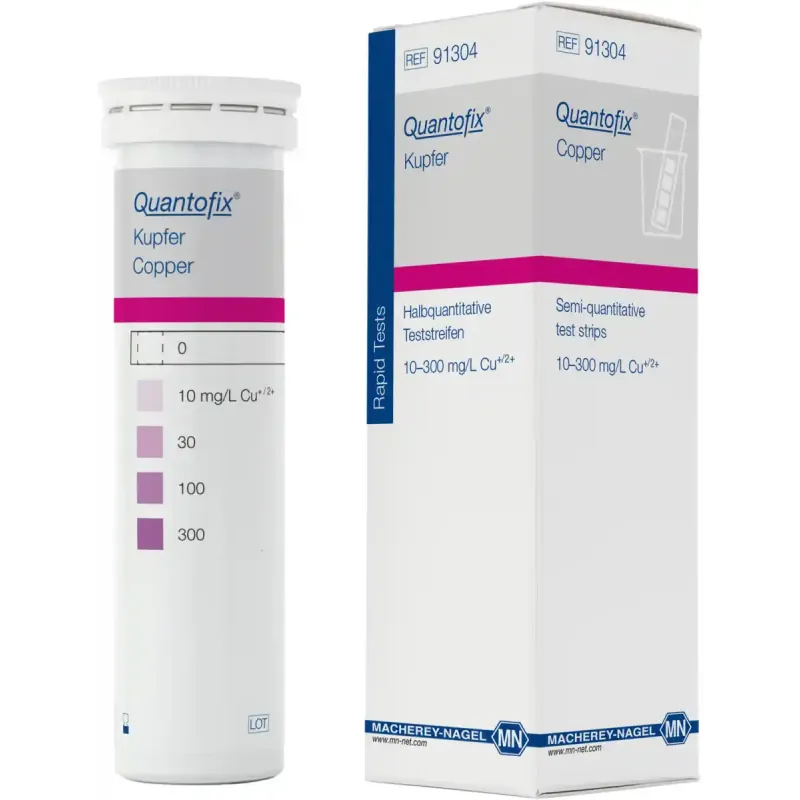 QUANTOFIX Copper test strips 6 x 95 mm measuring range: 0-10-30-100- 300 mg/L Cu+/2+ sufficient for 100 determinations
