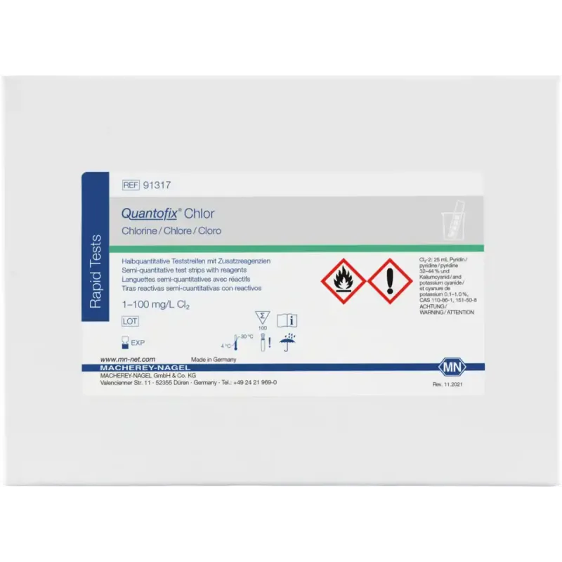 QUANTOFIX Chlorine test strips 6 x 95 mm measuring range: 0-1-3-10-30-100 mg/L Cl2 sufficient for 100 determinations