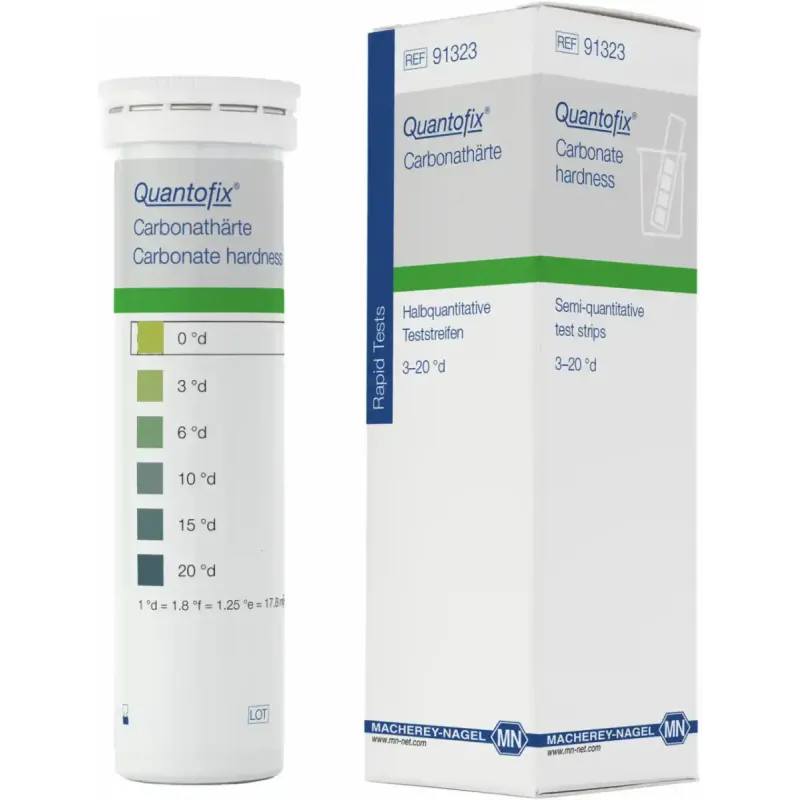 QUANTOFIX Carbonate alkalinity test strips 6 x 95 mm measuring range: 0-3.8-7.5-12.5-18.8-25.0 °e sufficient for 100 determinations