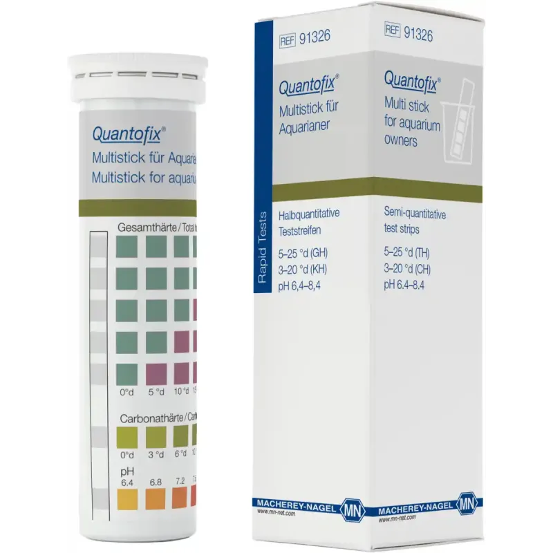 QUANTOFIX Multi stick for aquarium owners test strips 6 x 95 mm measuring range: 0-6.3-12.5-18.8-25.0-31.3 °e (total hardness) 0-3.8-7.5-12.5-18.8-25.0 °e (carbonate hardness) pH 6.4-6.8-7.2-7.6-8.0-8.4 sufficient for 100 determinations