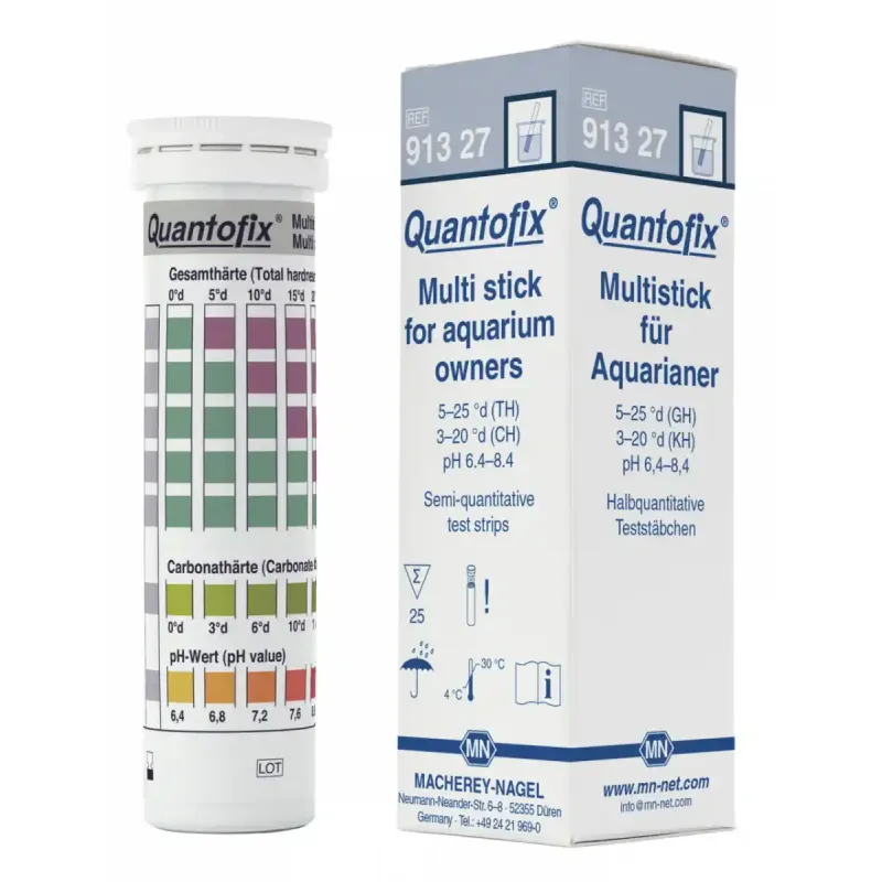 QUANTOFIX Multi-stick for aquarium owners test strips 6 x 95 mm measuring range: 0-6.3-12.5-18.8-25.0-31.3 °e (total hardness) 0-3.8-7.5-12.5-18.8-25.0 °e (carbonate hardness) pH 6.4-6.8-7.2-7.6-8.0-8.4 sufficient for 25 determinations