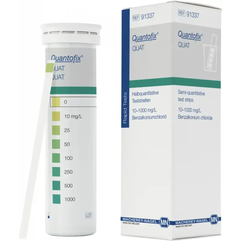 QUANTOFIX QUAT test strips 6 x 95 mm measuring range: 0-10-25-50-100-250- 500-1000 mg/L benzalkonium-chloride sufficient for 100 determinations