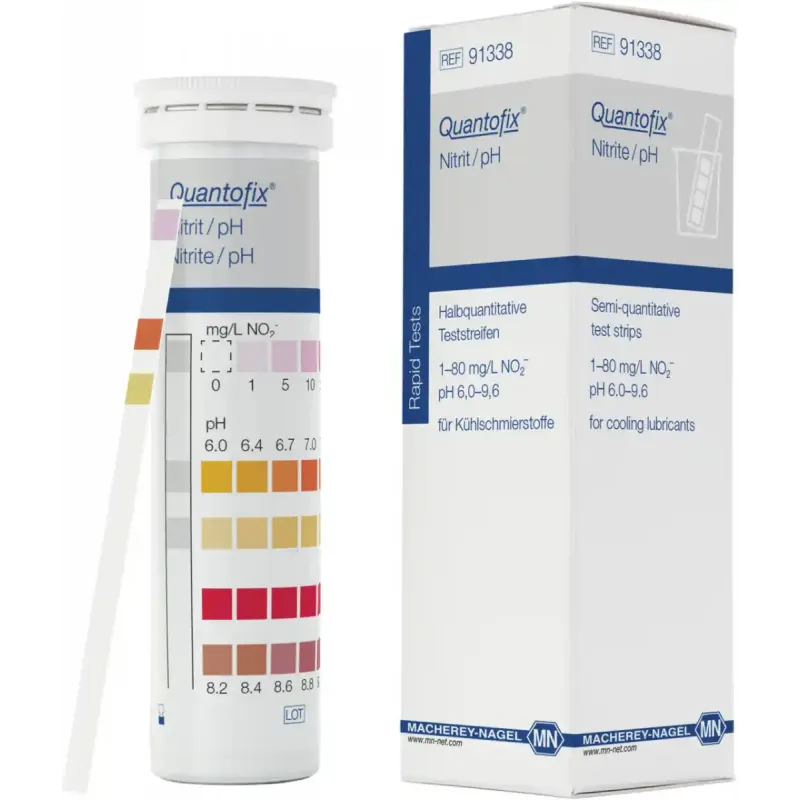 QUANTOFIX Nitrite/pH test strips 6 x 95 mm measuring range: 0-1-5-10-20-40-80 mg/L NO2- pH 6.0-6.4-6.7-7.0-7.3-7.6-7.9- 8.2-8.4-8.6-8.8-9.0-9.3-9.6 sufficient for 100 determinations