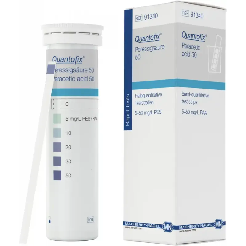 QUANTOFIX Peracetic acid 50 test strips 6 x 95 mm measuring range: 0-5-10-20-30-50 mg/L peracetic acid sufficient for 100 determinations