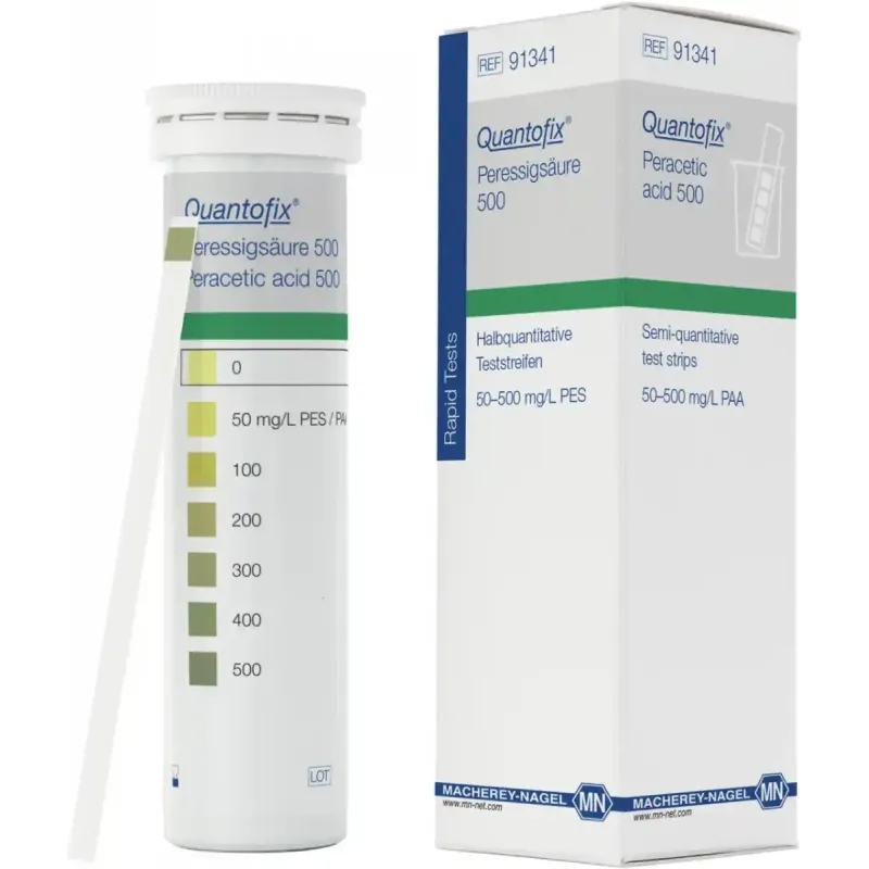 QUANTOFIX Peracetic acid 500 test strips 6 x 95 mm measuring range: 0-50-100-200-300-400- 500 mg/L peracetic acid sufficient for 100 determinations