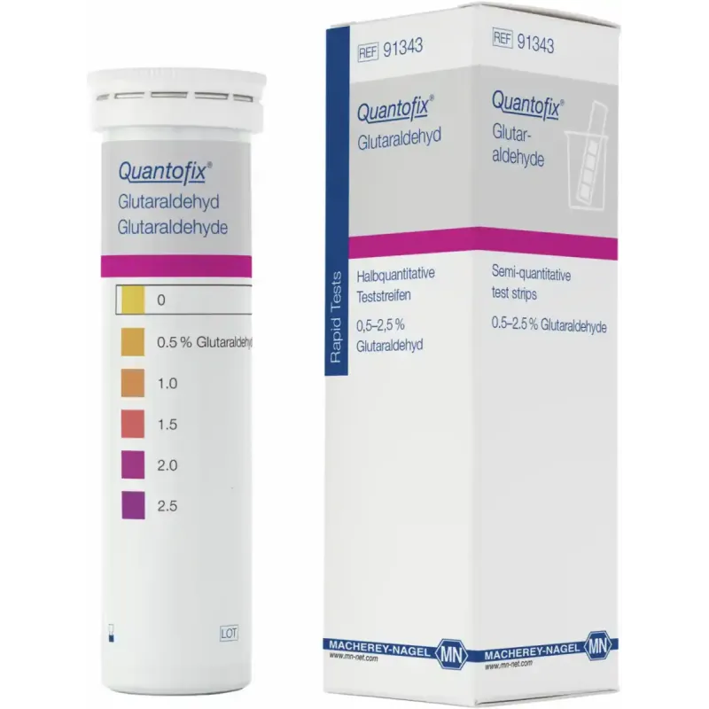 QUANTOFIX Glutaraldehyde test strips 5.5 x 95 mm measuring range: 0-0.5-1-1.5-2-2.5 % sufficient for 100 determinations