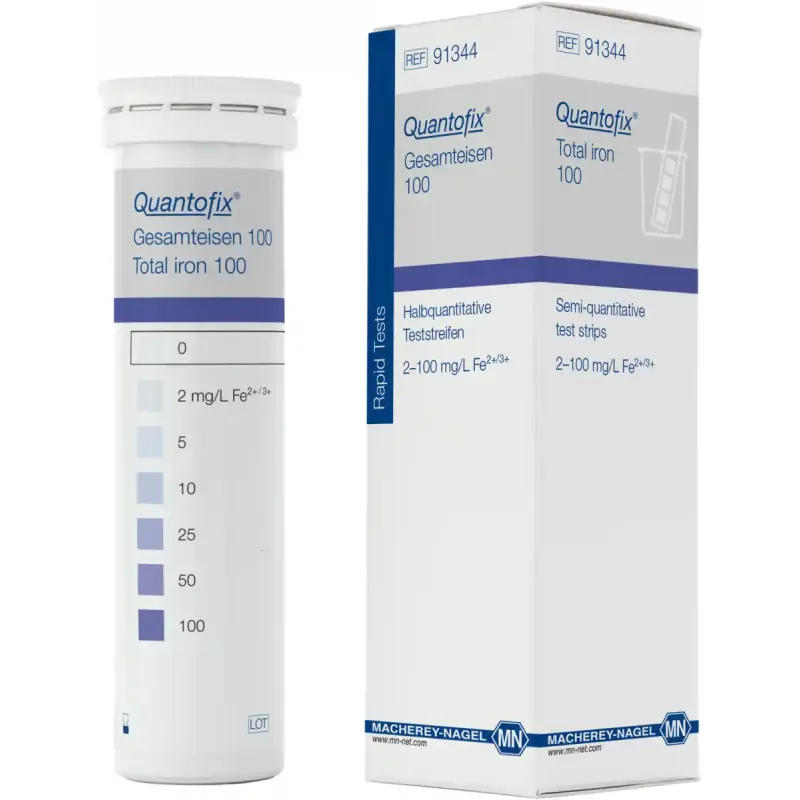 QUANTOFIX Total iron 100 test strips 6 x 95 mm measuring range: 0-2-5-10-25-50-100 mg/L Fe2+/Fe3+ sufficient for 100 determinations