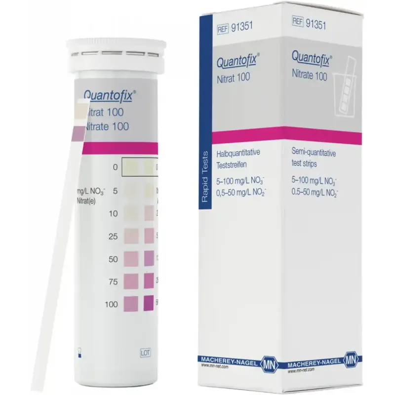 QUANTOFIX Nitrate 100 test strips 6 x 95 mm measuring range: 0-5-10-25-50-75-100 mg/L NO3- 0-0.5-2-5-10-25-50 mg/L NO2- sufficient for 100 determinations