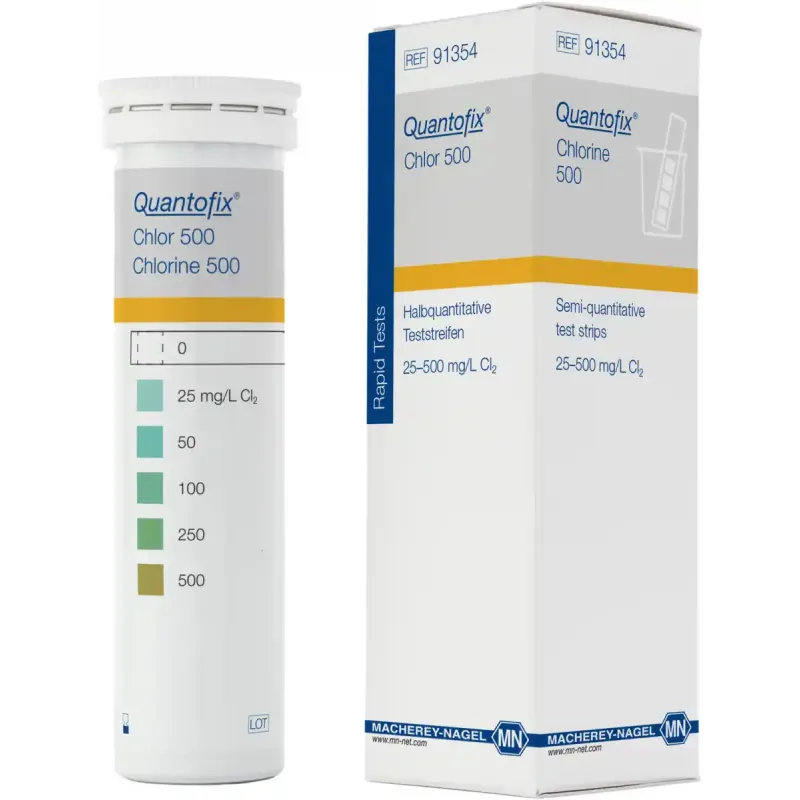 QUANTOFIX Chlorine 500 test strips 6 x 95 mm measuring range: 0-25-50-100-250-500 mg/L Cl2 sufficient for 100 determinations