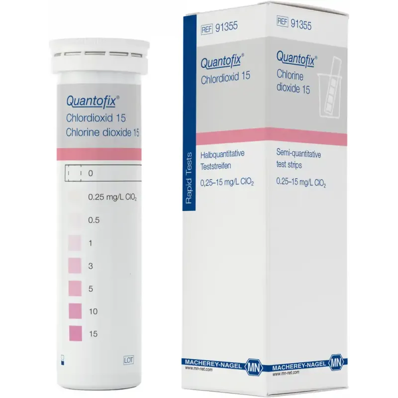 QUANTOFIX chlorine dioxide 15 test strips 6 x 95 mm measuring range: 0-0.25-0.5-1-3-5-10-15 mg/L ClO2 sufficient for 50 determinations