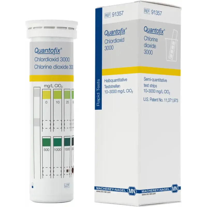 QUANTOFIX chlorine dioxide 3000 test strips 6 x 95 mm measuring range: 0-10-25-50-100-250-500-1000-1500-2000-2500-3000 mg/L ClO2 sufficient for 100 determinations