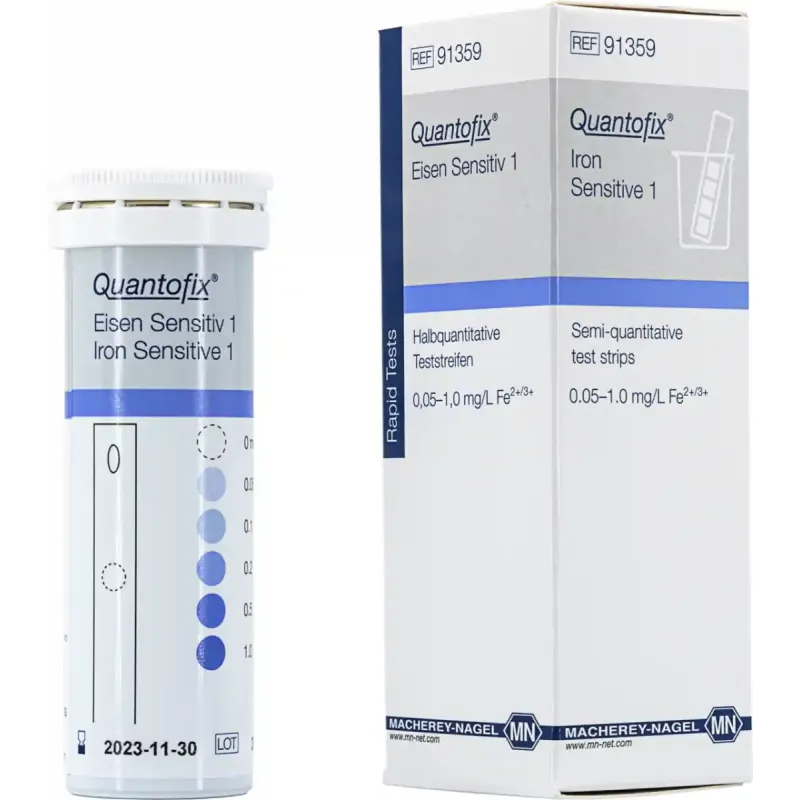 QUANTOFIX Iron Sensitive 1 test strips 7x60 mm measuring range: 0 - 0.05 - 0.1 - 0.2 - 0.5 - 1.0 mg/L Fe2+/3+ sufficient for 25 determinations