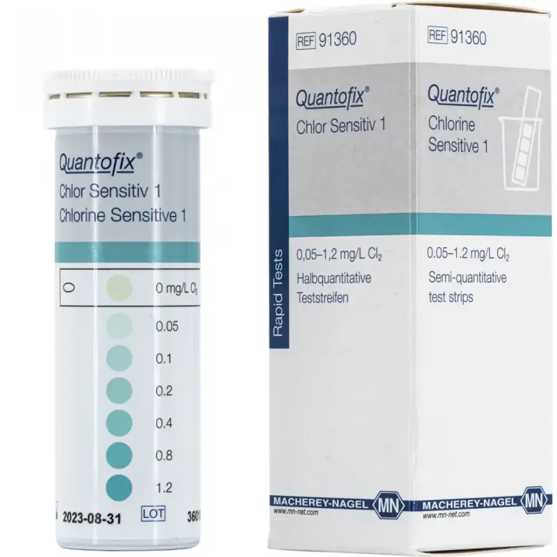 QUANTOFIX Chlorine Sensitive 1 test strips 7 x 60 mm measuring range: 0 - 0.05 - 0.1 - 0.2 - 0.4 - 0.8 - 1.2 mg/L Cl2 sufficient for 50 determinations