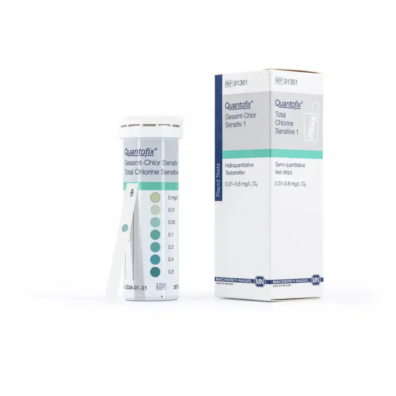 QUANTOFIX Total Chlorine Sensitive 1 test strips 7 x 60 mm measuring range: 0 - 0.01 - 0.05 - 0.1 - 0.2 - 0.4 - 0.8 mg/L Cl2 sufficient for 50 determinations