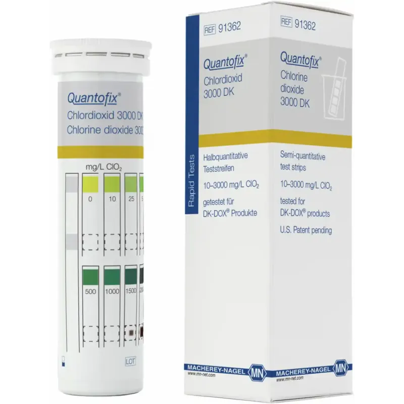 QUANTOFIX chlorine dioxide 3000 tested for DK-DOX products Test strip 5.5 x 95 mm measuring range: 0-10-25-50-100-250-500-1000-1500-2000-2500-3000 mg/L ClO2 sufficient for 100 determinations
