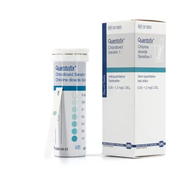 QUANTOFIX Chlorine Dioxide Sensitive 1 test strips 7 x 60 mm measuring range: 0 - 0.05 - 0.1 - 0.2 - 0.4 - 0.8 -1.2 mg/L ClO2 sufficient for 25 determinations