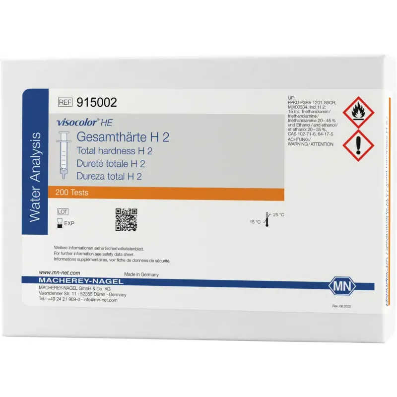 VISOCOLOR HE Total Hardness H 2 titration test kit measuring range: 0.06-2.50 °e / 0.01-0.36 mmol/L Ca2+ sufficient for 200 determinations