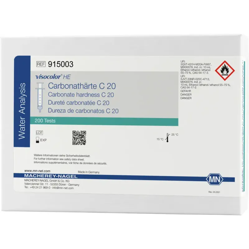 VISOCOLOR HE Carbonate alkalinity C 20 titration test kit measuring range: 0.6-25.0 °e / 0.2-7.2 mmol/L H+ sufficient for 200 determinations