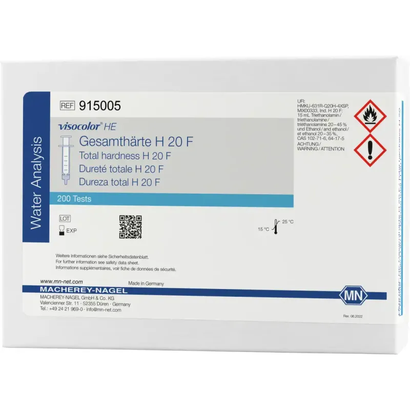 VISOCOLOR HE Total Hardness H 20 F titration test kit measuring range: 0.6-25.0 °e / 0.1-3.6 mmol/L Ca2+ sufficient for 200 determinations