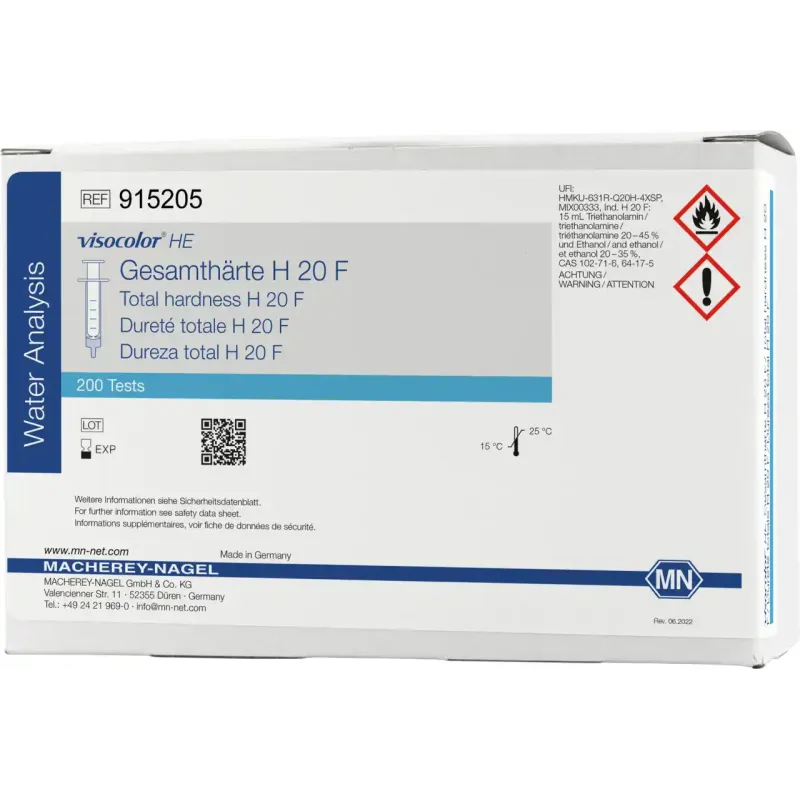 VISOCOLOR HE Total Hardness H 20 F titration test kit - refill pack - measuring range: 0.6-25.0 °e / 0.1-3.6 mmol/L Ca2+ sufficient for 200 determinations