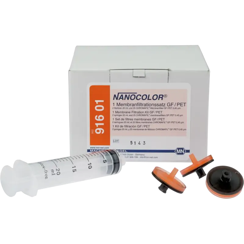 NANOCOLOR membrane filtration kit GF/PET with 2 syringes 20 mL, 25 CHROMAFIL membrane filters GF/PET, 0.45 µm