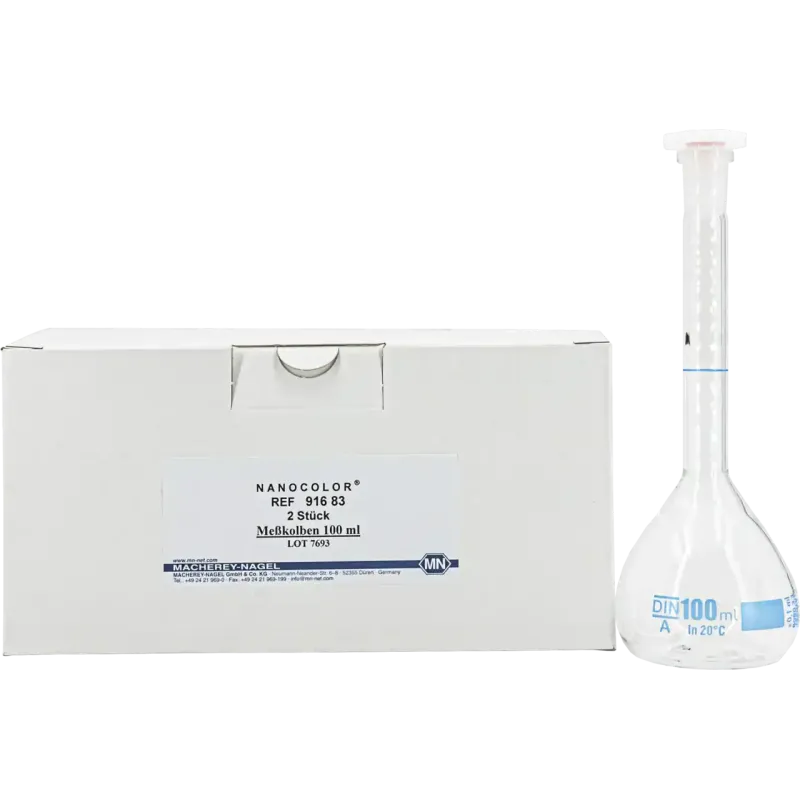 NANOCOLOR volumetric flask 100 mL with NS 12/21 and PE stopper pack of 2