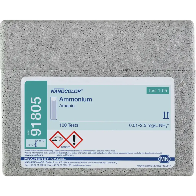 NANOCOLOR Ammonium standard test measuring range: 0.01-2.0 mg/L NH4-N 0.01-2.5 mg/L NH4+ sufficient for 100 determinations