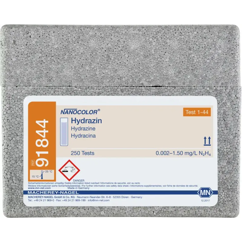 NANOCOLOR Hydrazine standard test measuring range: 0.002-1.50 mg/L N2H4 sufficient for 250 determinations