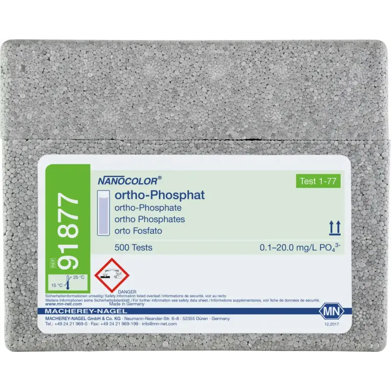 NANOCOLOR ortho Phosphate standard test measuring range: 0.04-6.5 mg/L PO4-P 0.1-20.0 mg/L PO43- sufficient for 500 determinations