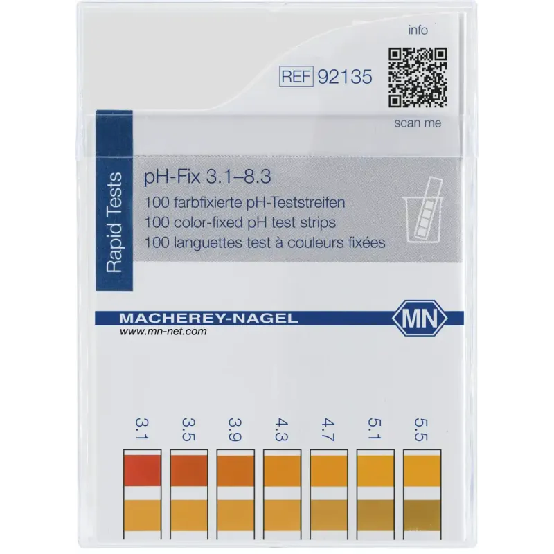 pH-Fix 3.1-8.3 indicator sticks measuring range: pH 3.1-3.5-3.9-4.3-4.7- 5.1-5.5-5.9-6.3-6.7-7.1-7.5-7.9-8.3 pack of 100 sticks 6 x 85 mm Delivery as of 8/2021 without CE marking