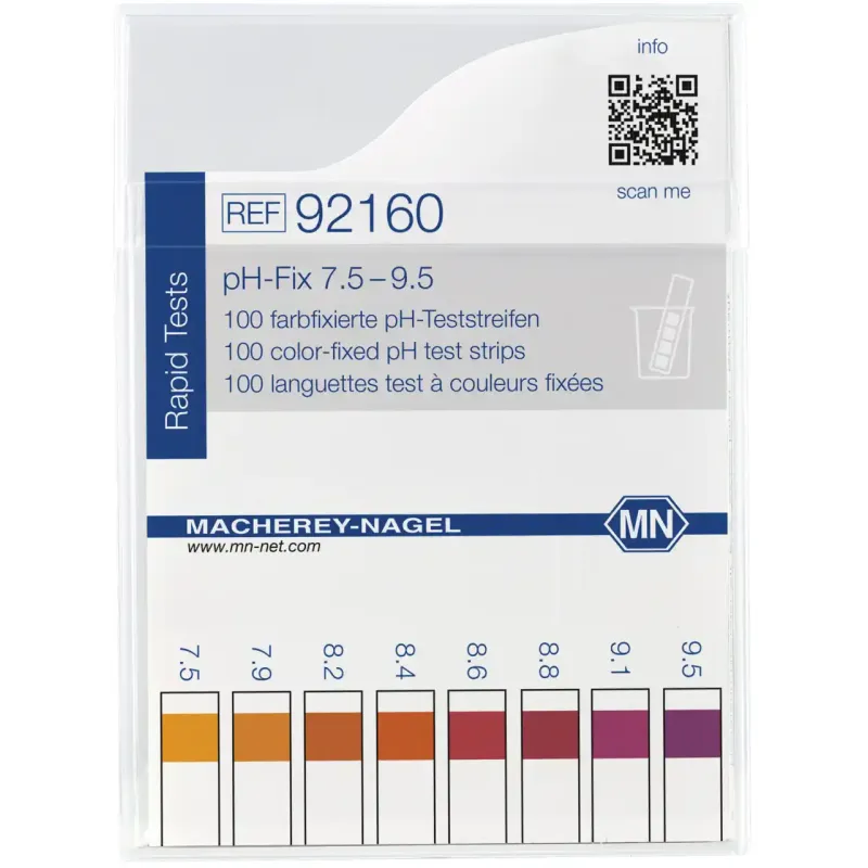 pH-Fix 7.5-9.5 indicator sticks measuring range: pH 7.5-7.9-8.2-8.4-8.6- 8.8-9.1-9.5 pack of 100 sticks 6 x 85 mm