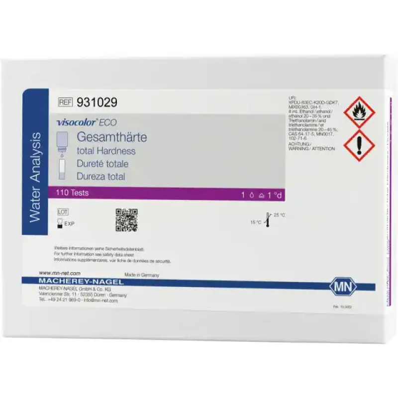 VISOCOLOR ECO Total Hardness titrimetric test kit measuring range: 1 drop = 1.25 °e sufficient for 110 determinations