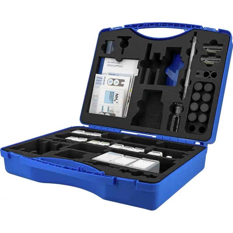 VISOCOLOR Reagent case - new design - for determination of temperature, pH 4-9, alkalinity, oxygen, total hardness, ammonium, nitrite, phosphate with VISOCOLOR ECO- and titration test kits