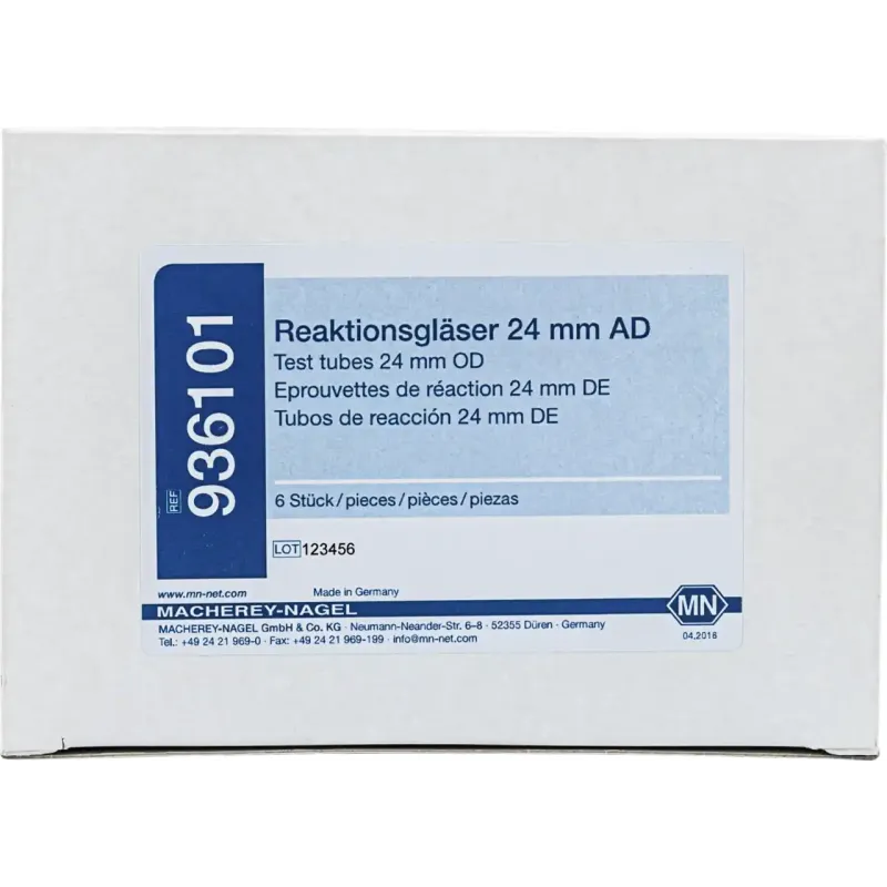 Test tubes with screw caps, 5 mL and 10 mL ring marking, 24 mm OD, pack of 6 pieces