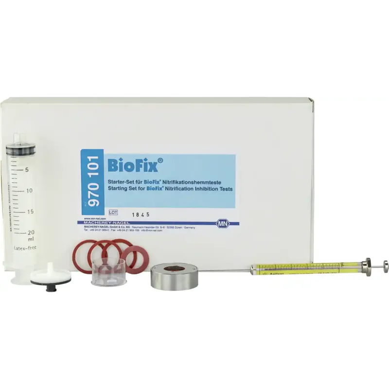 Bio Fix Starter kit for nitrification inhibition tests consists of: 1 electrode adaptor 3 x 2 seals for the electrode adaptor 2 mini-magnets 1 micro syringe 100 µl 1 filtration syringe 20 ml