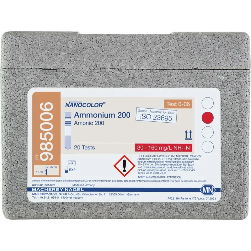 NANOCOLOR Ammonium 200 tube test measuring range: 30-160 mg/L NH4-N 40-200 mg/L NH4+ sufficient for 20 determinations