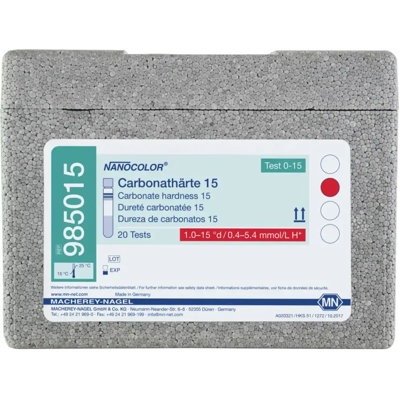NANOCOLOR Carbonate hardness 15 tube test measuring range: 1.25-18.75 °e 0.4-5.4 mmol/L H+ sufficient for 20 determinations